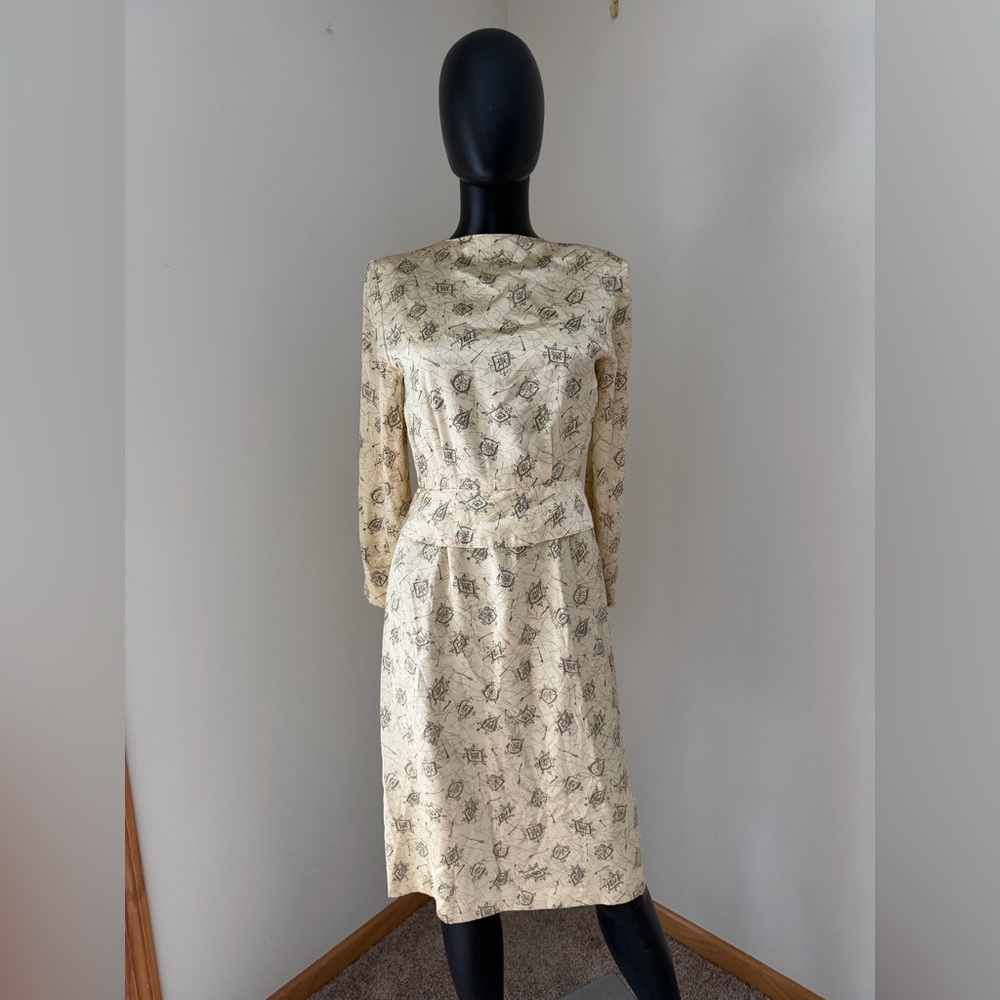 Chic Cream Patterned Long Sleeve‎ Dress